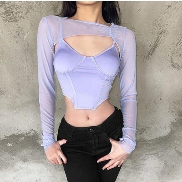 Sheer Mesh Long-Sleeve Corset Style Top With Cutouts Light Blue Size L 95% Polye - Picture 14 of 15